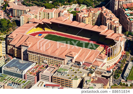Aerial view of stadium of Monaco at sunset, view from mountain La Turbie, landmark of Monte-Carlo, port Cap Dail, port Fontvieille, Monaco Ville 88651834