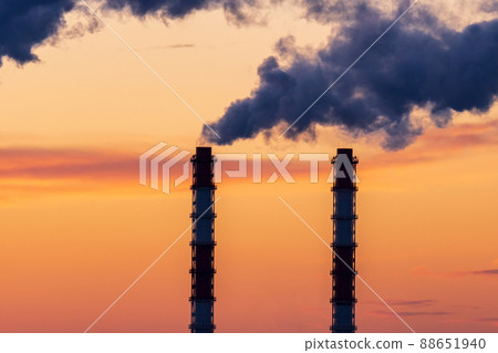 Industrial smoking pipes close up of various types of thermal power stations in winter. Selective focus. 88651940