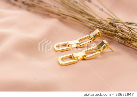 Close up golden earrings. Beautiful earrings. Women accessories Close up golden earrings. Beautiful earrings. Women accessories 88651947