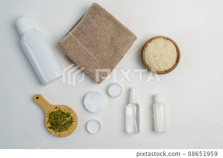 Fermented skin care cosmetic, with powerful nature fermentation ingredients rice, green tea leaves. Flat lay 88651959