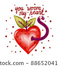 You Worm My Heart lettering and vector art with a heart shaped apple and worm. Bright card design for web and print.  88652041