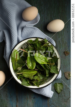 sorrel and eggs, top view sorrel and eggs, top view 88652151