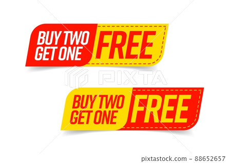 Buy two get one free template voucher or coupon set. Special shop store discount tag, sticker, label to buy three product for price of one vector illustration isolated on white background Buy two get one free template voucher or coupon set. Special shop store discount tag, sticker, label to buy three product for price of one vector illustration isolated on white background 88652657