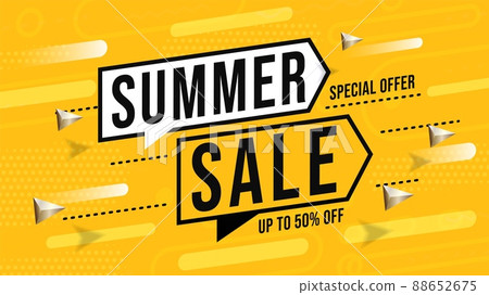 Summer sale banner with special offer up to 50 percent off. Half price discount for season wholesale. Clearance promotion poster. Cheap purchase on weekend vacation. Vector illustration Summer sale banner with special offer up to 50 percent off. Half price discount for season wholesale. Clearance promotion poster. Cheap purchase on weekend vacation. Vector illustration 88652675