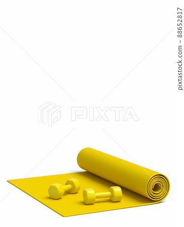 Isometric view of sport equipment like yaoga mat and dumbbell on white background. 3d render of power lifting and fitness concept 88652817