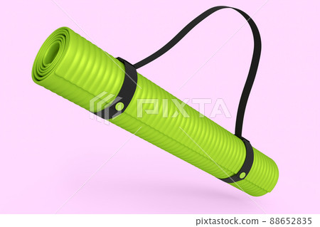 Green yoga mat or lightweight foam camping bed roll pad isolated on pink background. 3d rendering of sport equipment for fitness, yoga and active workout Green yoga mat or lightweight foam camping bed roll pad isolated on pink background. 3d rendering of sport equipment for fitness, yoga and active workout 88652835