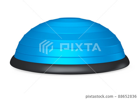 Blue half fitball or fitness ball isolated white background. 3d rendering of sport equipment for fitness, yoga and active workout Blue half fitball or fitness ball isolated white background. 3d rendering of sport equipment for fitness, yoga and active workout 88652836