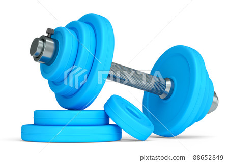 Metal dumbbell with blue disks isolated on white background. 3d rendering of sport equipment for fitness and powerlifting 88652849