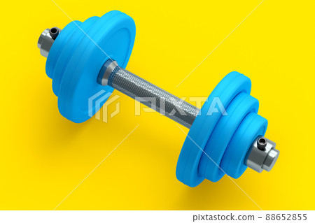 Metal dumbbell with blue disks isolated on yellow background. 3d rendering of sport equipment for fitness and powerlifting 88652855