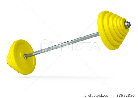 Abstract metal barbell with yellow disks isolated on white background. 3d rendering of sport equipment for fitness and powerlifting 88652856
