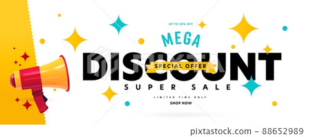 Banner announcing mega discount with half price reduction. Special offer with 50 percent off advertisement. Promotion poster template with limited time super sale vector illustration 88652989