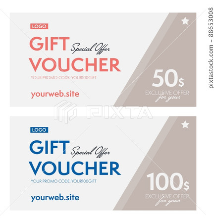 Special offer 50, 100 dollar gift voucher with promo code. Monetary coupon template with place for company or brand logo and website address vector illustration isolated on white background Special offer 50, 100 dollar gift voucher with promo code. Monetary coupon template with place for company or brand logo and website address vector illustration isolated on white background 88653008