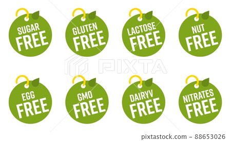 Bio eco pure healthy safety product information insignia tag. Sugar, gluten, lactose, nut, egg, gmo, dairyv, nitrates free warranty badge emblem vector illustration isolated on white background 88653026