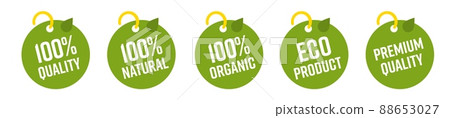 100 percent quality natural organic eco product premium quality tag. Green round insignia badge label sticker advertising guarantee food ecology and freshness vector illustration isolated on white 88653027