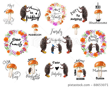Hedgehogs, mushroom ,wreaths with flowers. Clipart, background 88653071