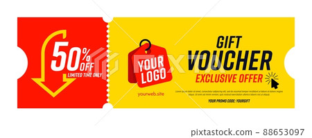 Coupon template with exclusive offer up to 50 percent off. Gift voucher with limited time exclusive offer, special promo code and place for company logo and website vector illustration 88653097