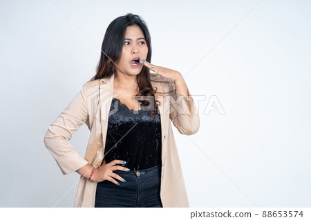 Young woman refusing with palms gesture side a copyspace Young woman refusing with palms gesture side a copyspace 88653574