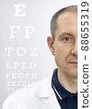 Demonstration of vision diagnostics, using a font table, with the cover of one of the eyes. 88655319