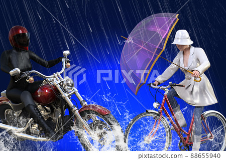 An accident in which a woman riding a bicycle with an umbrella on a rainy day collides with a motorcycle 88655940