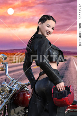 A female rider with a helmet looks back with a smile against the backdrop of the sunset road. 88655942
