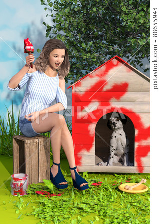 Holiday woman painting red paint on pet Dalmatian puppy hut 88655943