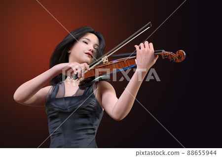 一位身著黑色連衣裙的女小提琴手閉著眼睛拉小提琴 88655944