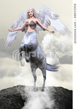 有著美麗的翅膀和有力的前腳的半人馬站在岩石山比雲高的山脈頂部 88655956