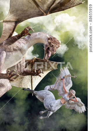 勇敢的半人馬長著大翅膀，與可怕的龍搏鬥，畫弓箭 88655959