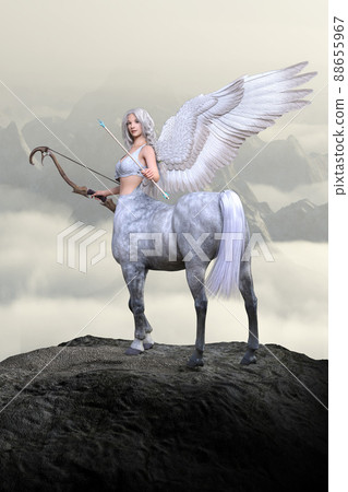 A smiling centaur spreads its beautiful large wings and holds a bow at the top of a mountain range where rocky mountains higher than clouds rise. 88655967