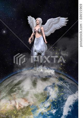 A smiling centaur with big wings with a bow and arrow walks fantastically on the earth A smiling centaur with big wings with a bow and arrow walks fantastically on the earth 88655969