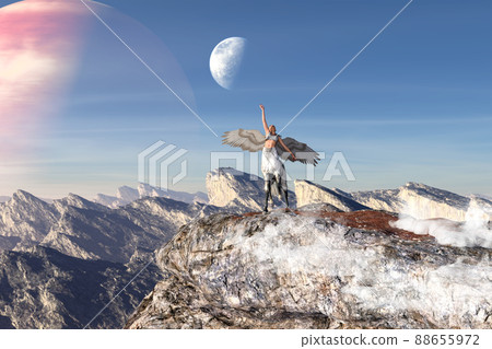 A feathered centaur raises his hand high in the vast wilderness where the planets are reflected in the sky. A feathered centaur raises his hand high in the vast wilderness where the planets are reflected in the sky. 88655972