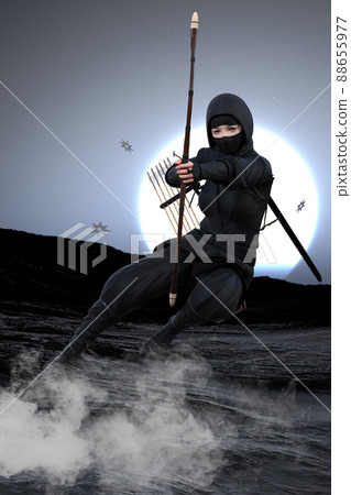 Kunoichi draws a bow while dodging the enemy's shuriken on a beautiful night when a big full moon climbs 88655977