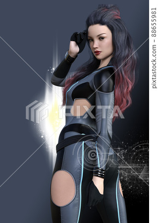 A long-haired woman in a pompadour wears a gray pilot suit and puts one hand on her forehead to make a plan A long-haired woman in a pompadour wears a gray pilot suit and puts one hand on her forehead to make a plan 88655981