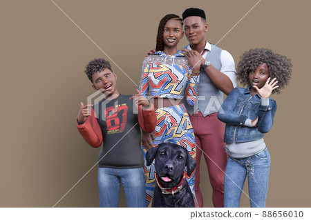 A black family with a dad, mom, sister, brother and pet Labrador retriever A black family with a dad, mom, sister, brother and pet Labrador retriever 88656010
