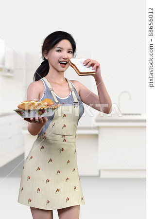 一個穿著圍裙的年輕女人正在吃一個三明治,盤子裡放著烤麵包 一個穿著圍裙的年輕女人正在吃一個三明治,盤子裡放著烤麵包 88656012