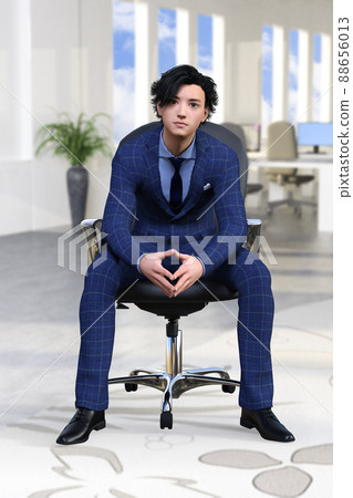 一位身著深藍色西裝的年輕商人坐在辦公室的椅子上，看著你 88656013