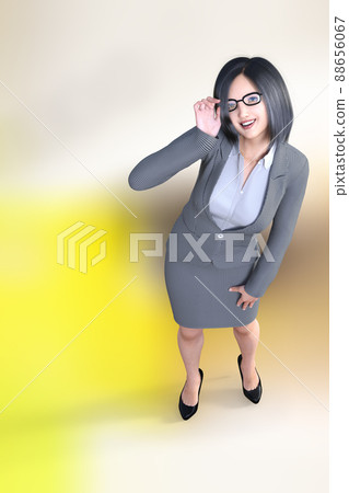 A business woman wearing glasses on a bright background poses while looking up A business woman wearing glasses on a bright background poses while looking up 88656067