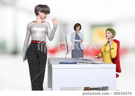 An office with three fashionable, short-haired female employees An office with three fashionable, short-haired female employees 88656070