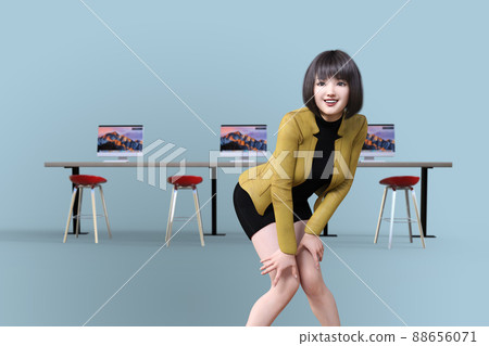 A smiling female employee with short hair holding hands on both knees before three computers are lined up on the blue background A smiling female employee with short hair holding hands on both knees before three computers are lined up on the blue background 88656071