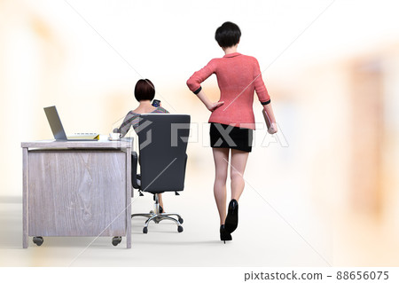 一名女員工坐在椅子上,手肘放在辦公桌上,一名髮型女員工側身行走 一名女員工坐在椅子上,手肘放在辦公桌上,一名髮型女員工側身行走 88656075