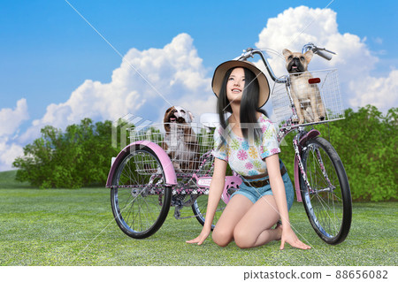 A woman sitting on a green lawn looking up at the sky with a bulldog and a french bulldog in the baskets before and after the pink bicycle 88656082