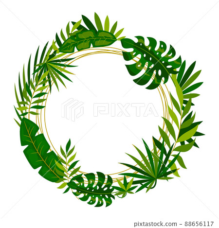 Tropical botanical round frame palm leaf flat style. Promo organic exotic cosmetics template advertising web hotel. Luxury minimalist invitation wedding holiday fashion event card isolated on white Tropical botanical round frame palm leaf flat style. Promo organic exotic cosmetics template advertising web hotel. Luxury minimalist invitation wedding holiday fashion event card isolated on white 88656117