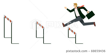 Business-related 8 life-like illustrations of Western-based businessmen flying through hurdles Successful growth career up 88659436
