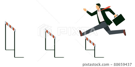 Business-related 8 life-like illustrations of Asian businessmen flying through hurdles Successful growth career up 88659437