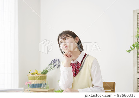High school girl thinking living room High school girl thinking living room 88660335