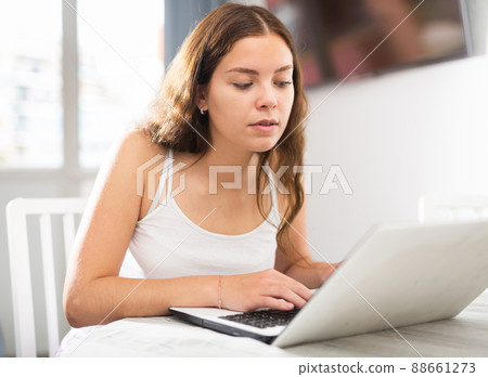 Young woman working on laptop at home 88661273