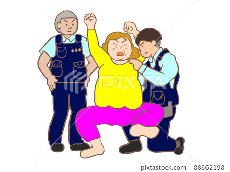 Report by police officer Article 23 of the Mental Health and Welfare Law Illustration of a woman with bipolar disorder who is overwhelmed by police officers and angry Report by police officer Article 23 of the Mental Health and Welfare Law Illustration of a woman with bipolar disorder who is overwhelmed by police officers and angry 88662198