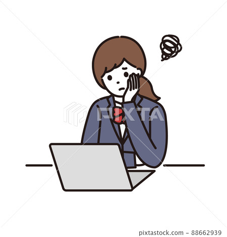 一個穿著校服的女高中生在電腦前擔心 88662939