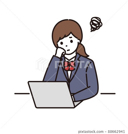A high school girl in school uniform who is worried about her cheeks in front of a computer 88662941