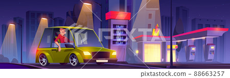 Driver on car refueling station at night time Driver on car refueling station at night time 88663257